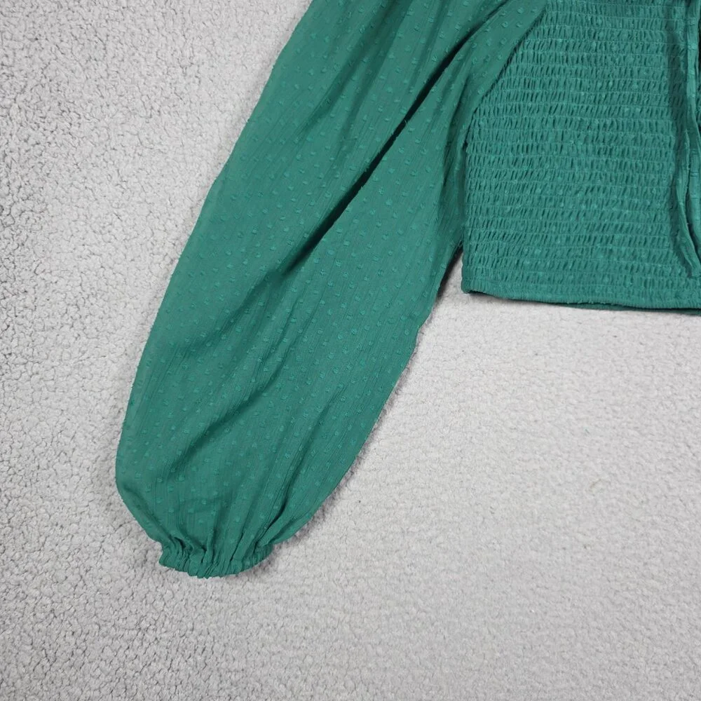 BOG Collective Top Womens Size Medium Pine green Smocked Cropped Blouse BOHO